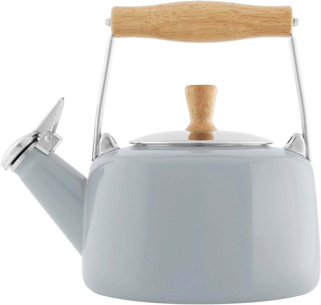 Enamel On Steel Whistling Teakettle with Wood Handle, 1.4 Quarts J9365