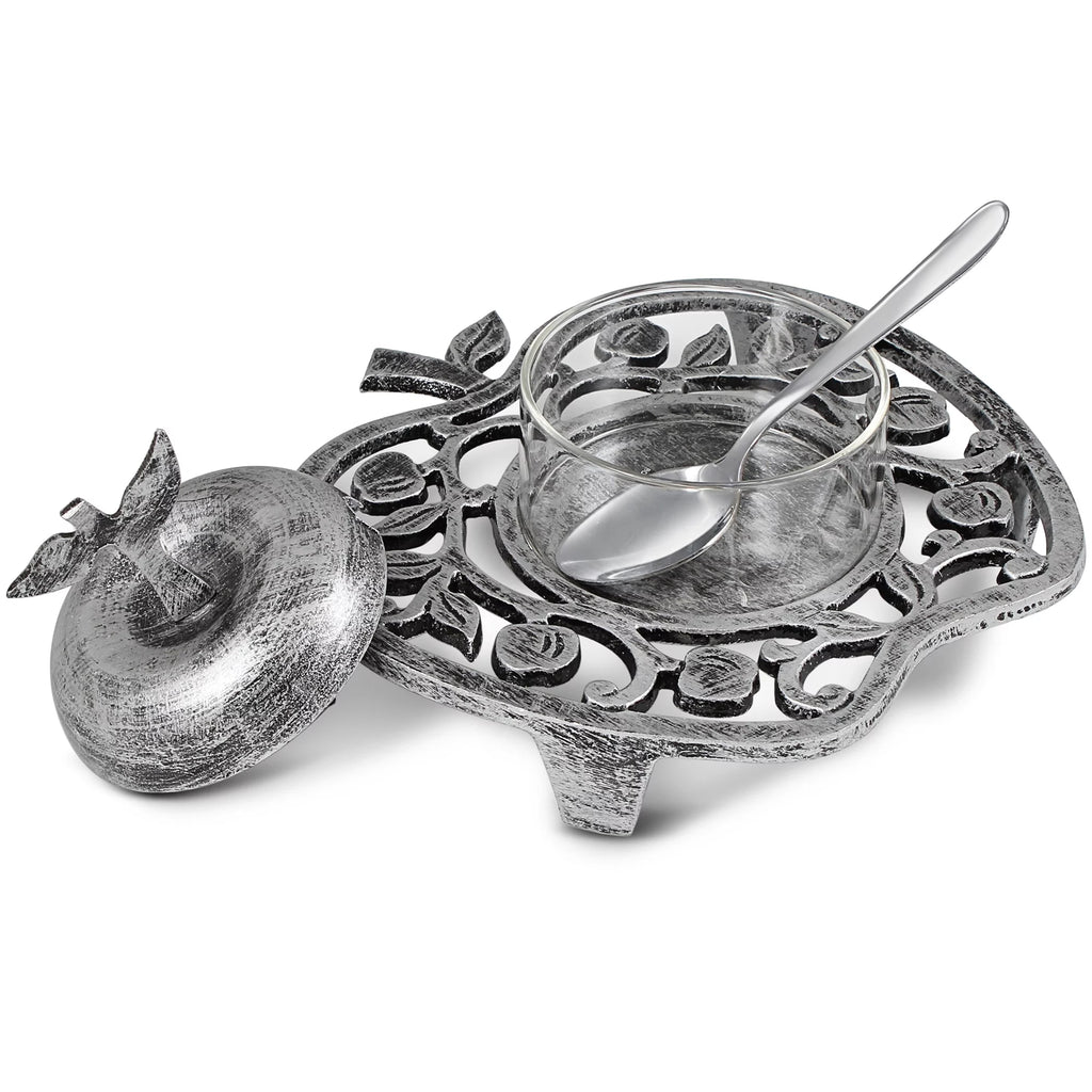 Apple Shaped Silver and Glass Bowl 4 Piece Honey Dish E80746