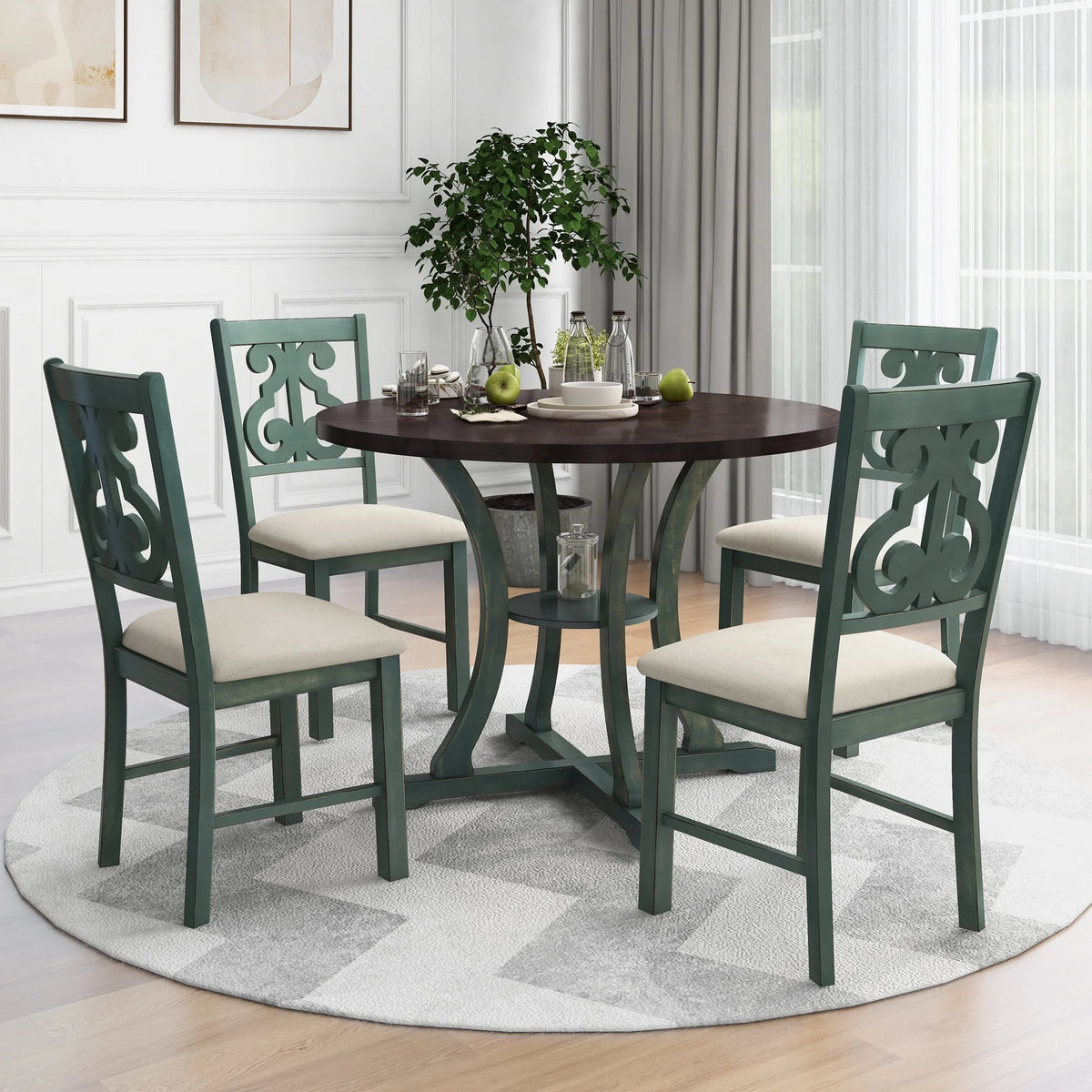 Round Dining Table with 4 Fabric Chairs Set P18127