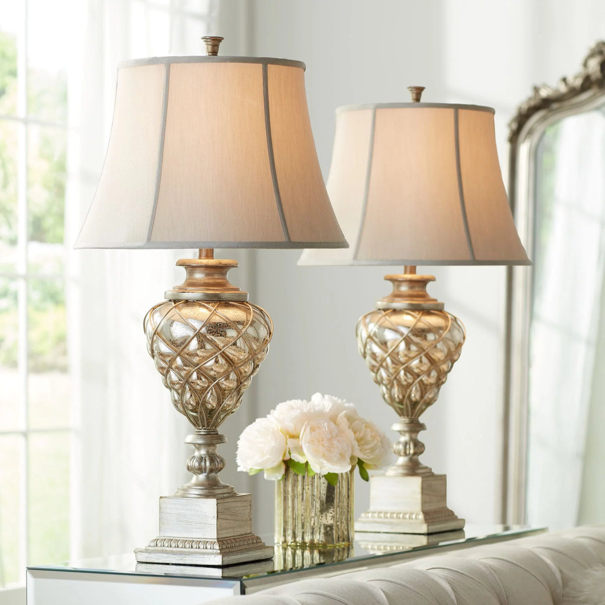 Traditional Table Lamp with Nightlight LED Off White Mist Fabric Bell Shade R206